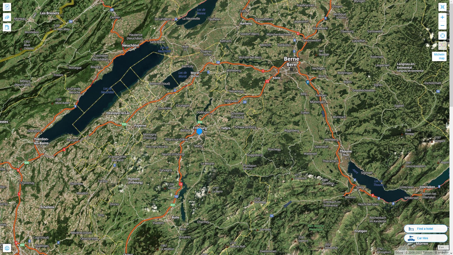 Fribourg Suisse Autoroute et carte routiere avec vue satellite